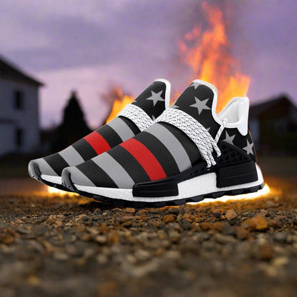 Thin Red Line Flag custom high-top canvas shoes — wearable art by Freaky Shoes