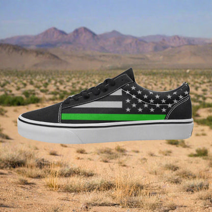 Women's Thin Green Line Flag Themed Sneakers1 custom low-top canvas shoes — wearable art by Freaky Shoes