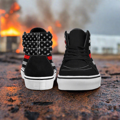 Custom Women's Thin Red Line Flag Themed Fire Fighter high-top canvas shoes with bold all-over art — Freaky Shoes