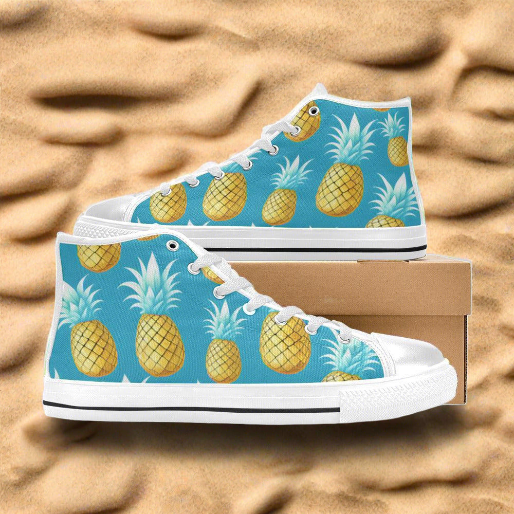 Men's Cool Pineapples hand-made high-top canvas shoes — unique wearable art by Freaky Shoes