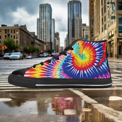 Women's Tie Dye Splash custom high-top canvas shoes — wearable art by Freaky Shoes