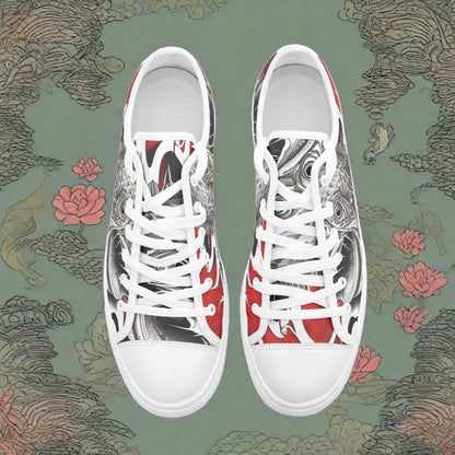Custom Japanese Fish Art high-top canvas shoes with bold all-over art — Freaky Shoes