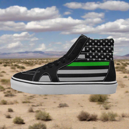 Women's Thin Green Line Flag Themed Sneakers1 custom high-top canvas shoes — wearable art by Freaky Shoes