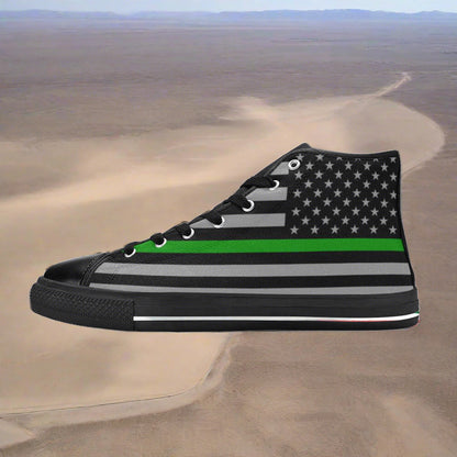 Women's Thin Green Line Flag Themed high-top canvas shoes, custom full-wrap printed design — Freaky Shoes
