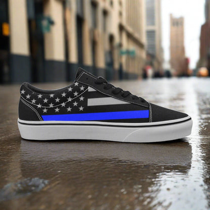 Women's Thin Blue Line Flag Themed low-top canvas shoes, custom full-wrap printed design — Freaky Shoes